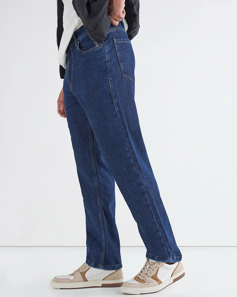 بيواكوف Men's Blue Washed Slim Straight Fit Stretchable Mid-Rise Jeans